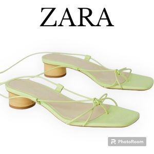 ZARA NWT Lace-up Mint Cream Green Strappy Low Wood Heel SZ 39 New